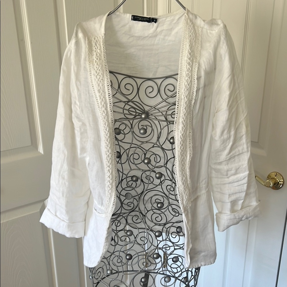 White Textured Blazer with Open Front and Ruched Sleeves